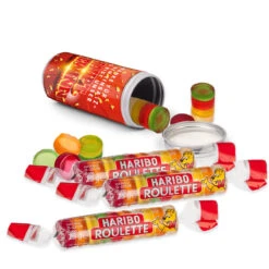 Geschenkdose "Hauptgewinn" - Haribo Roulette -KleineGeschen Geschaft montage hohe dose Haribo Roulette offen 83551